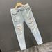 Summer Small Leg Jeans Ripped Beggar Nine Quarter Men's 2024 New Rolled Edge Slim Fit Casual Pants_mkmklike.com