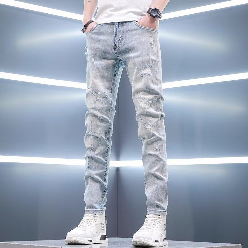 Premium Stretch Denim Jeans – Slim Fit Ripped & Embroidered Men's Pants (Light Blue, Summer Style)_mkmklike.com