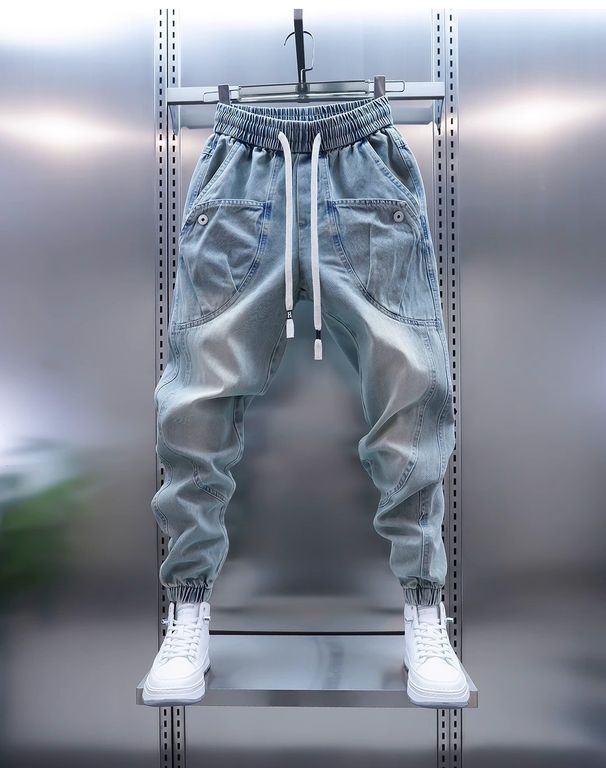 Men's Light Blue Washed Denim Jeans With Big Pockets, Slim Cuff & Streetwear Style_mkmklike.com