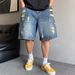 Retro American plus Size Men's Denim Shorts Casual Distressed Straight Leg Loose Fit Five Point Pants up to 300 Lbs_mkmklike.com