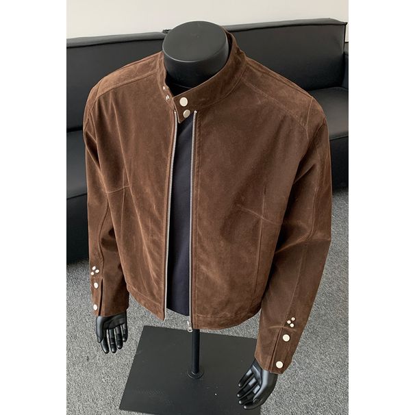 "Modern Era" Retro Maillard Autumn Cleanfit Short Suede Leather Harrington Flight Jacket_mkmklike.com