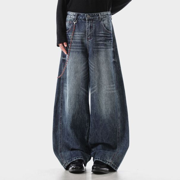 Vintage Washed Denim Jeans – Clean Fit, Relaxed Straight Leg, Unisex, High Cotton Blend (90%), Mid-Rise, Dark Blue, S-XXL_mkmklike.com