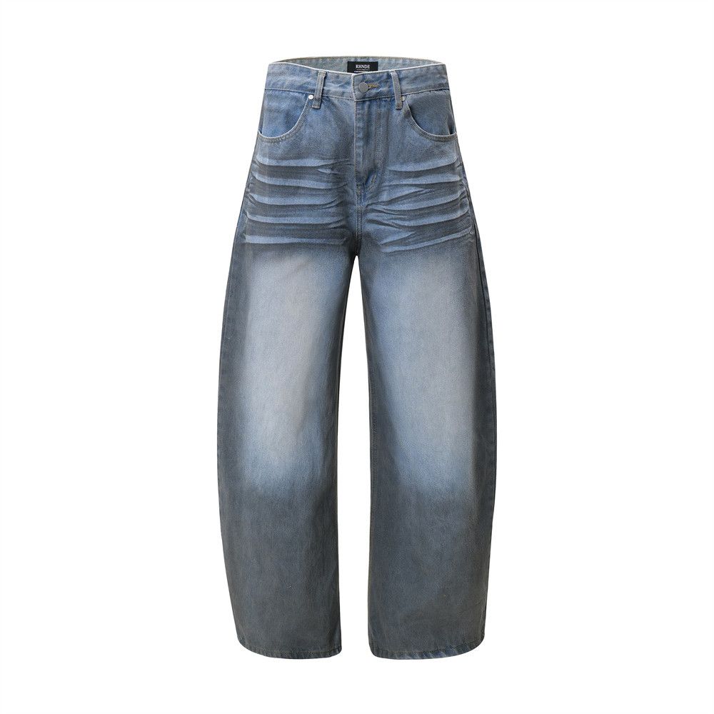 Color Block Spray Paint Vintage Dirty Denim Scimitar Men's Trendy High Street Wasteland Style Loose Wide Leg Straight_mkmklike.com