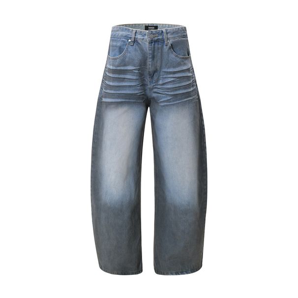 Color Block Spray Paint Vintage Dirty Denim Scimitar Men's Trendy High Street Wasteland Style Loose Wide Leg Straight_mkmklike.com