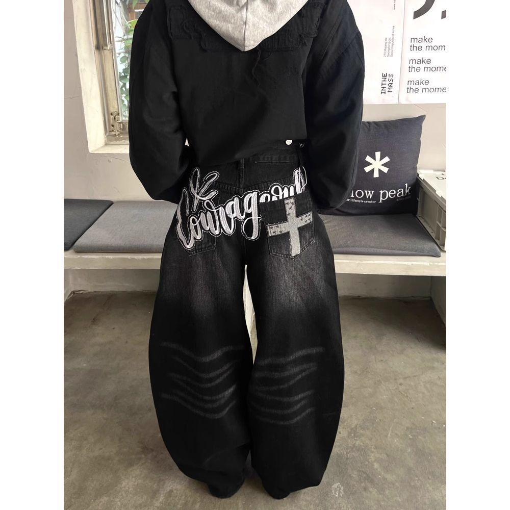 Men's Clothing American Retro Black Scimitar Jeans For Women Spring High Street Design Loose Slim Drape Wide Leg Pants Cross Border_mkmklike.com