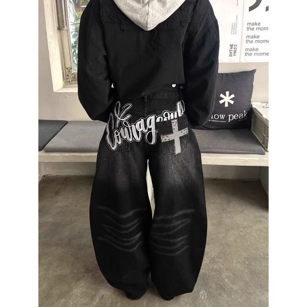 Men's Clothing American Retro Black Scimitar Jeans For Women Spring High Street Design Loose Slim Drape Wide Leg Pants Cross Border_mkmklike.com