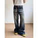 Men's Clothing Retro Washed Lightning Pattern High Street Flared Jeans Trendy Loose Casual Pants For Men And Women_mkmklike.com