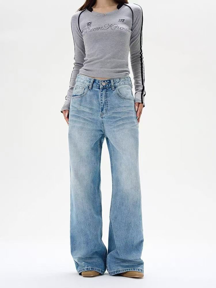 Unisex Vintage Washed Wide-Leg Jeans – 90s Retro Straight Denim Pants With Distressed Details_mkmklike.com