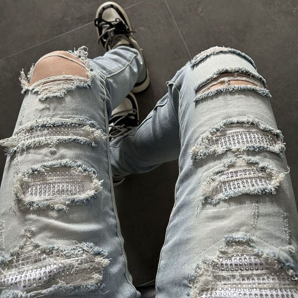 YOJOOCREW Men's American Style Loose Fit Jeans Casual High Street Ripped Couple Denim Irregular_mkmklike.com