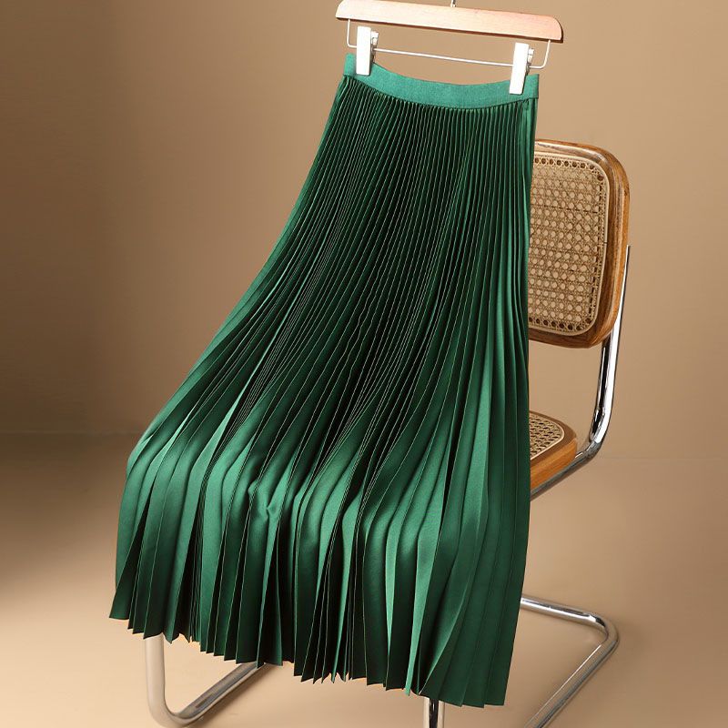 Women's Clothing Solid color high-grade satin pleated skirt large size versatile skirt_mkmklike.com