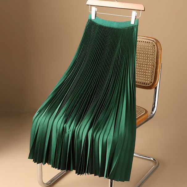 Women's Clothing Solid color high-grade satin pleated skirt large size versatile skirt_mkmklike.com