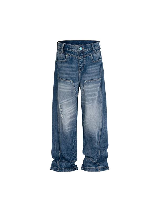 Men's Retro High Street Style Pleated And Studded Jeans Loose Fit Slimming Straight Leg Wide Leg Pants American Fashion_mkmklike.com