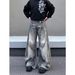 Unisex High End Gradient Curved Blade Jeans Black/Gray Retro Washed Deconstructed Loose Fitting Mid Waist Wide Leg Trousers_mkmklike.com