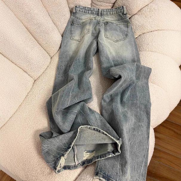 Vintage Distressed High-Waisted Wide-Leg Jeans For Women – Retro Denim Pants With Raw Hem & Patchwork Details_mkmklike.com