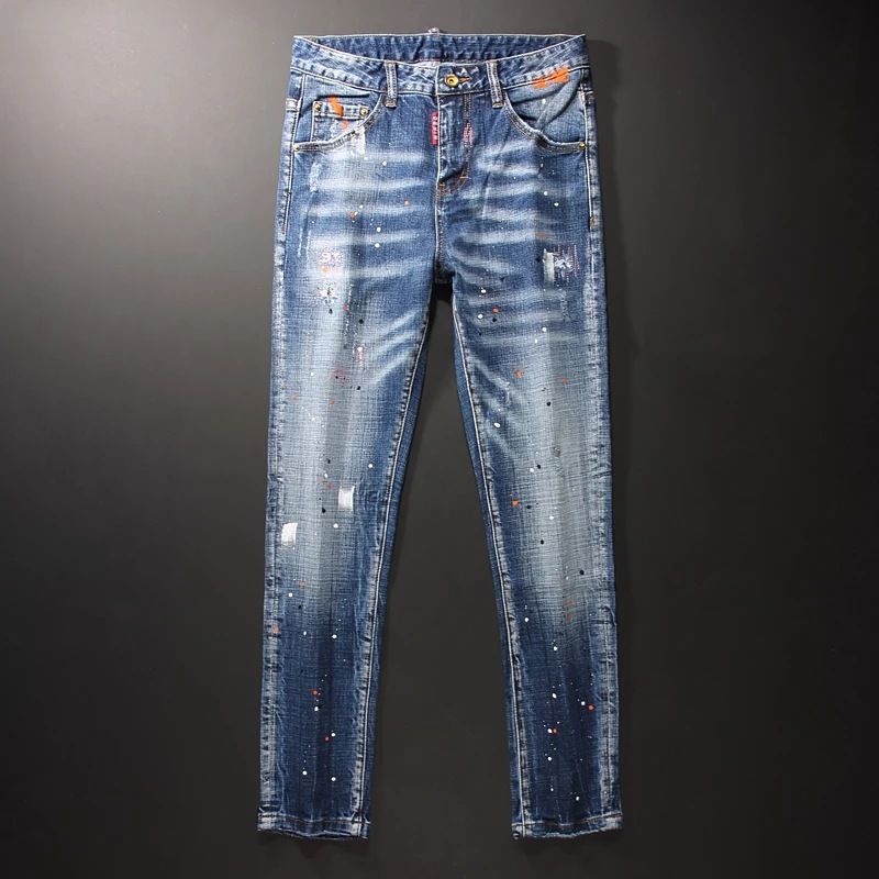 Distressed Embroidered Slim Fit Men's Jeans - Vintage Washed Denim Pants With Handmade Rips Tching, Straight Leg Comfort Stretch For Casual Wear_mkmklike.com
