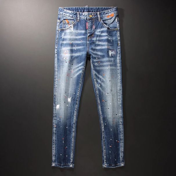 Distressed Embroidered Slim Fit Men's Jeans - Vintage Washed Denim Pants With Handmade Rips Tching, Straight Leg Comfort Stretch For Casual Wear_mkmklike.com