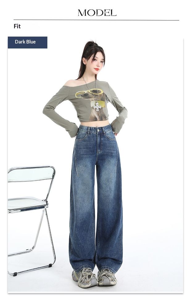 Trendy Girl Closet 2025 Autumn New Style Dark Color Distinctive Back Pocket High Waist Scimitar Wide Leg Jeans For Women Slimming Straight_mkmklike.com