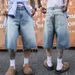 Retro Washed Blue Denim Frayed Hem Shorts Loose Fit Slimming Casual Versatile Korean Style Basic Six Point Pants_mkmklike.com