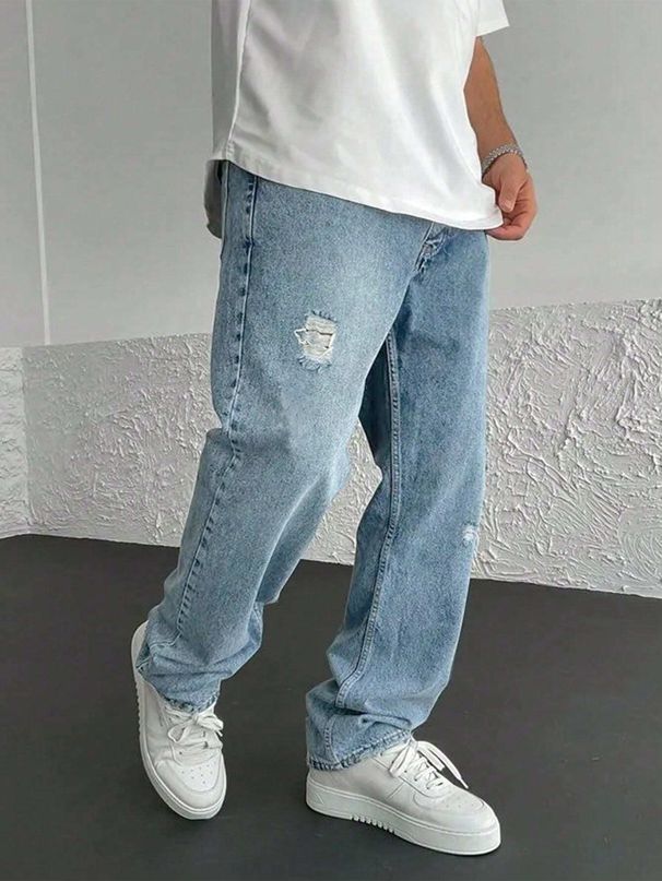 Men's American Style Ripped Retro Beggar Jeans Straight Leg Loose Fit Summer Trendy Long Pants Version_mkmklike.com