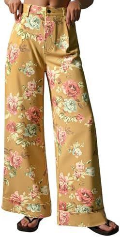 Women's High-Waisted Wide Leg Jeans Retro Rose Print Loose Fitting Casual Trousers Rolled up Cross Border Bestseller_mkmklike.com