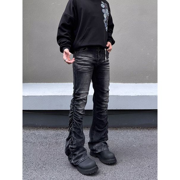 Vintage High-Waisted Flared Jeans – 70s Retro Pleated Denim For Men & Women (S-3XL, Washed Black, Stacked Silhouette)_mkmklike.com
