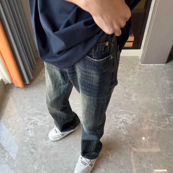 Unisex Vintage Washed Bamboo Texture Flared Jeans – High Street Baggy Denim Pants With Retro Aesthetic (S-3XL)_mkmklike.com