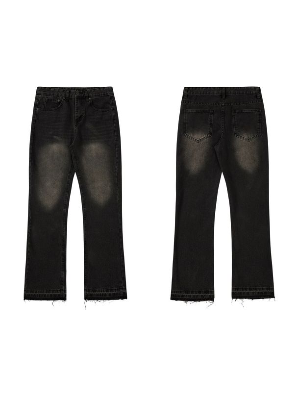 Smoke Gray Tassel Version Retro Vintage Jeans Distressed Gray Fringe Hem, Relaxed Straight Fit AestheticComfort Stretch Denim Jeans_mkmklike.com