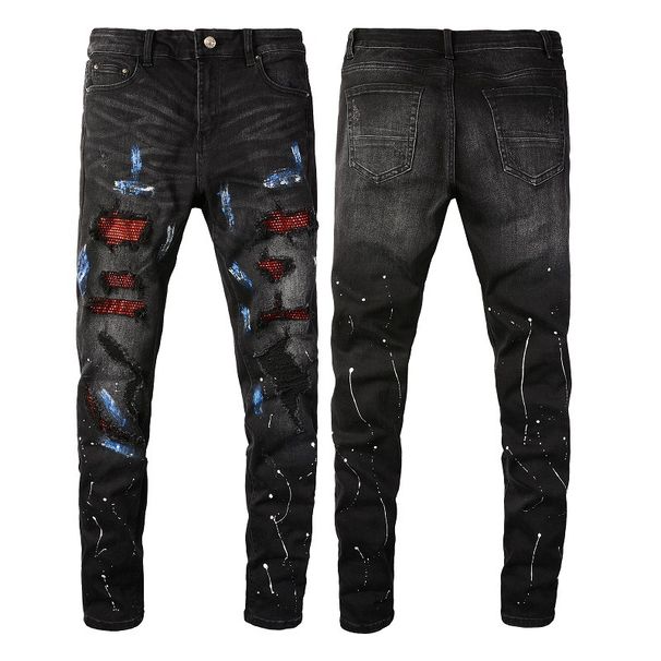 Men's Clothing European And American Personality High Street Fashion Men's Beggar Hole Patch Hot Diamond Patch Graffiti Slim Fit Denim Jeans 8616_mkmklike.com