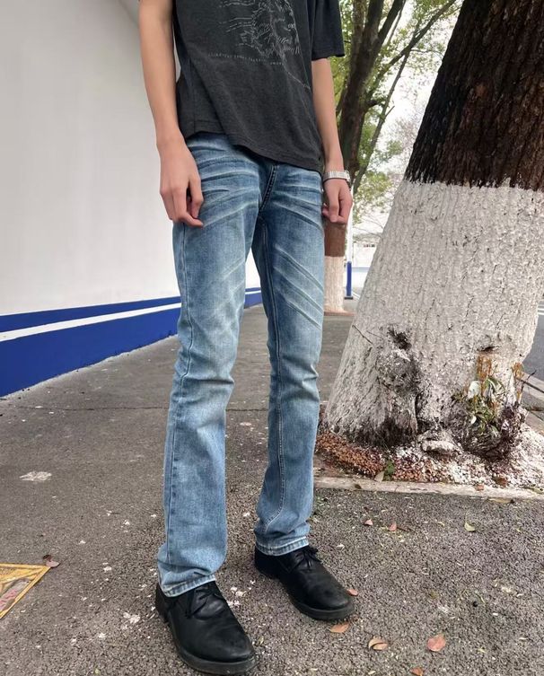 Men's Clothing Cleanfit 517 Men's Blue Denim 3.0 3D Whiskers Jeans Washed Slightly Flared Slim Fit Long Pants_mkmklike.com