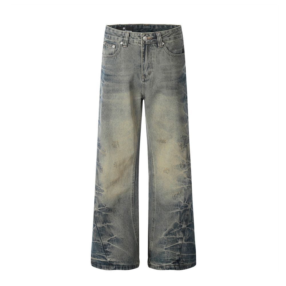 Punk Distressed Vintage Flared Jeans For Men, Vibe Trendy Design, Washed Wave Pattern Loose Wide-Leg Pants_mkmklike.com