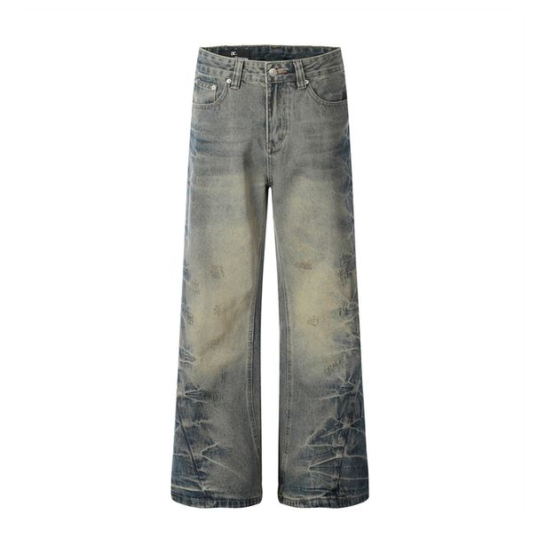 Punk Distressed Vintage Flared Jeans For Men, Vibe Trendy Design, Washed Wave Pattern Loose Wide-Leg Pants_mkmklike.com