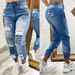 Women's Washed Mid-Rise Skinny Jeans Letter Print Ripped Jeans_mkmklike.com