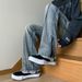 Men's Frayed Flared Jeans Loose Fit Straight Leg High Street Style Retro Zipper_mkmklike.com