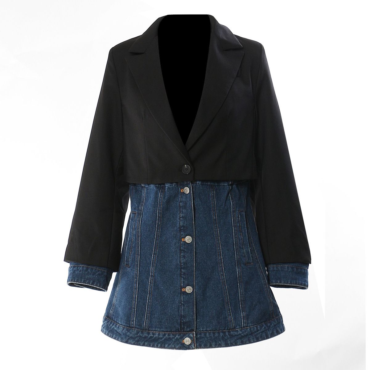 New Women's Slim Fit Denim Patchwork Suit Jacket Faux Two Piece Mid Length Top Casual Style In Blue_mkmklike.com
