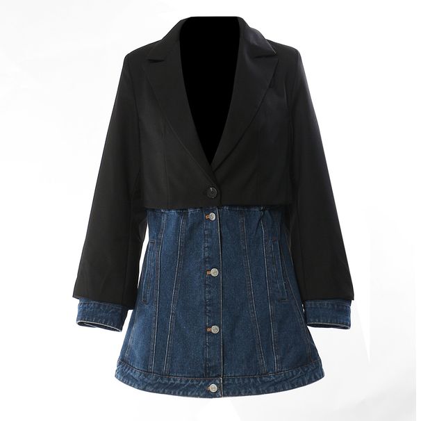 New Women's Slim Fit Denim Patchwork Suit Jacket Faux Two Piece Mid Length Top Casual Style In Blue_mkmklike.com