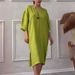 Women's New Cotton and Linen Pure Color Casual Round Neck Button Long Dress _mkmklike.com