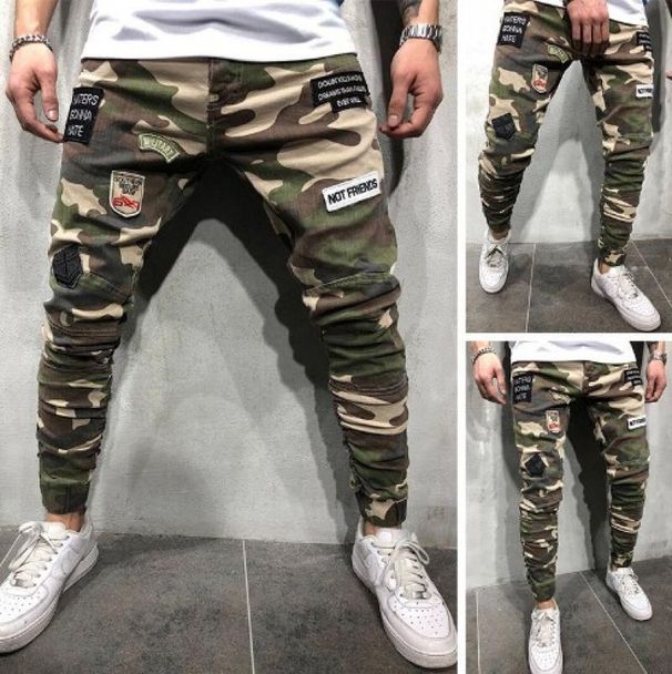 Suitable For All Seasons New Men's Jeans With Badge, Stretch Slim Fit, Elastic Cuffs, Camouflage Skinny Pants NK_mkmklike.com