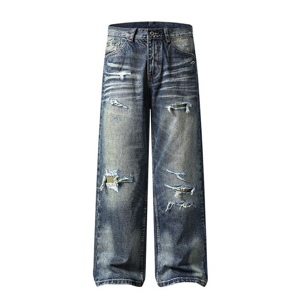 Men's Relaxed Fit Ripped Washed Jeans High Street Style Loose Straight Leg Floor Length Summer Pants_mkmklike.com