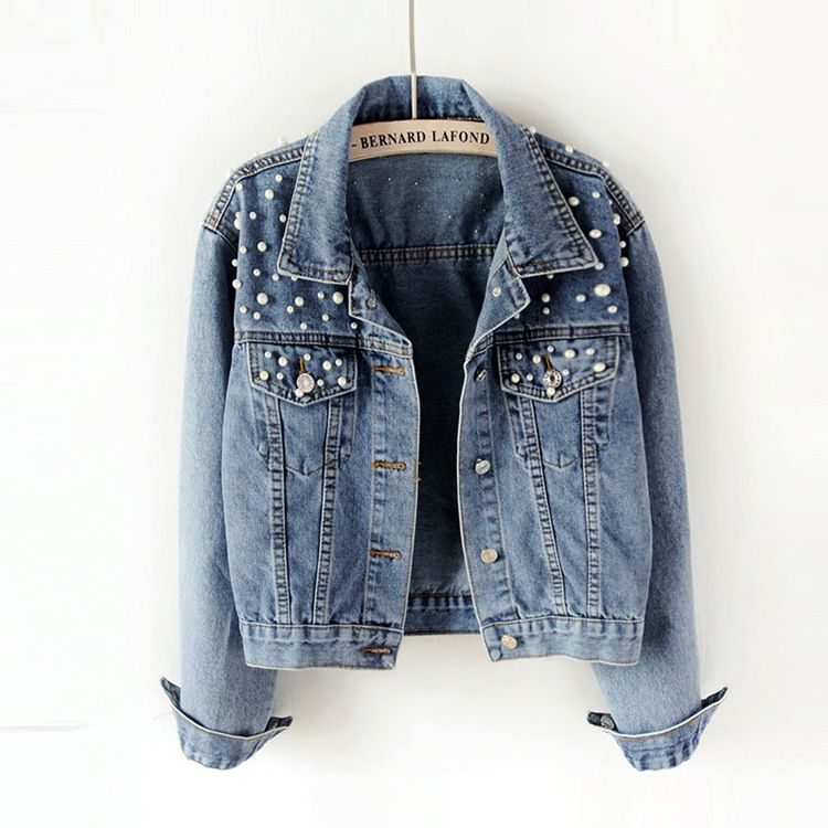 Pearl-Embellished Denim Jacket For Women – Oversized Boyfriend Fit With Korean Aesthetic_mkmklike.com