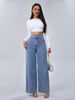 K Versatile Straight Tube Loose High Waisted Double Button Solid Color Women's Jeans_mkmklike.com