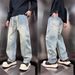 2025 Autumn Winter New Light Blue Jeans Men's Trendy Brand Patchwork Wide-Leg Vintage Washed Loose Straight Pants_mkmklike.com