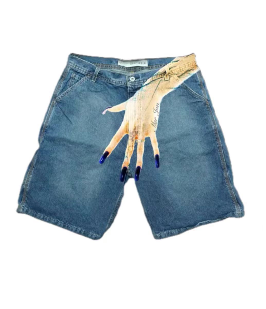 Men's Y2K Hip Hop Patterned Denim Shorts High Waist Casual Five Pocket Pants European American Trendy Street Fashion_mkmklike.com