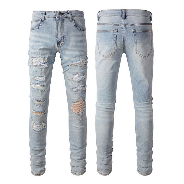 Men's Clothing American Retro Hole Men's High Street Diamond Jeans Men's Stretch Hole Jeans 6808_mkmklike.com