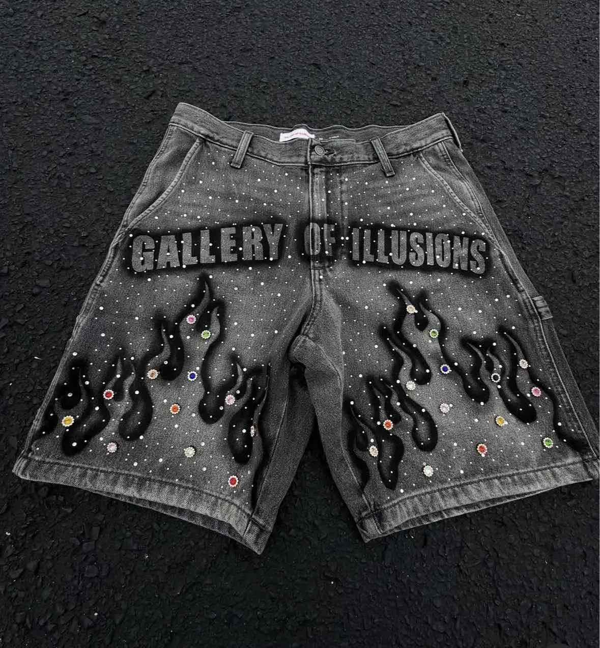Men's Y2K Vintage Distressed Jeans Flame Pattern Rhinestone Decoration High Waist Denim Shorts Fashion Men Women Hip Hop_mkmklike.com