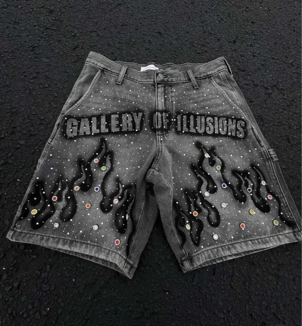 Men's Y2K Vintage Distressed Jeans Flame Pattern Rhinestone Decoration High Waist Denim Shorts Fashion Men Women Hip Hop_mkmklike.com