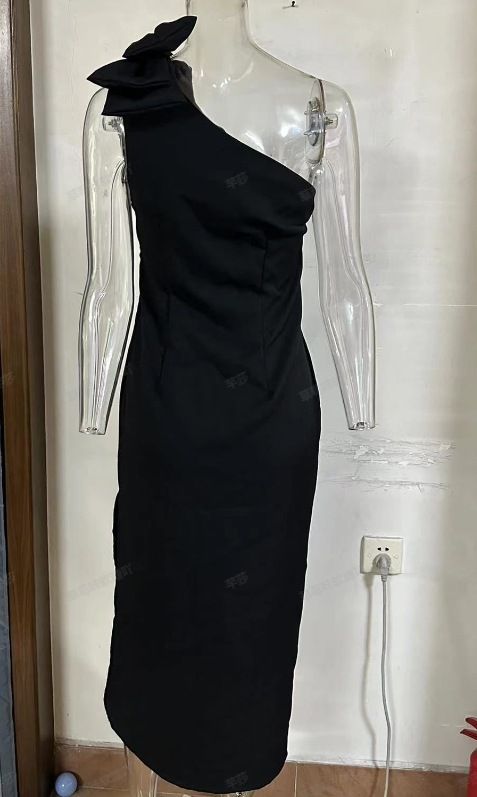 Women's Clothing mature style solid color three dimensional bow temperament slit dress_mkmklike.com