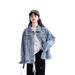 "Women's Oversized Denim Jacket - Vintage Washed Boyfriend Style Loose Fit Spring/Autumn Top (Light Blue/Black)"_mkmklike.com