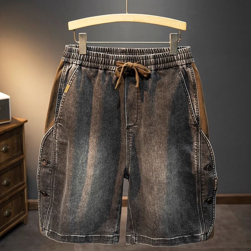 Men's Blue Denim Shorts Mid-Length Elastic Waist Wide Leg Casual Five Point Pants Retro Style For Summer_mkmklike.com