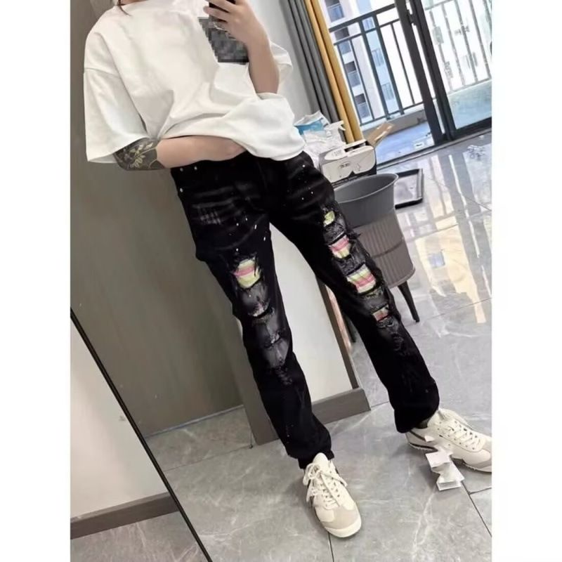Men's Black Distressed Jeans With Rhinestone Embellishments - High Street Straight Leg Denim Pants With Vintage Wash & Artful Rips For Urban Edge_mkmklike.com