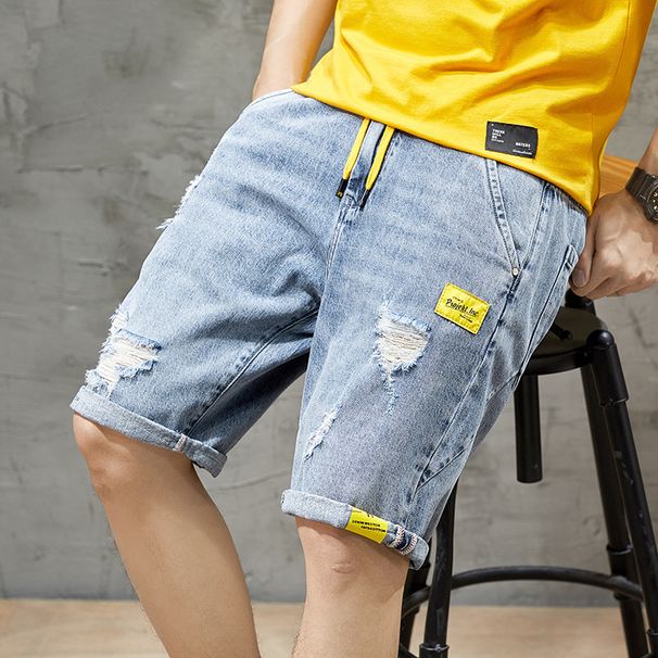 Men's Clothing Summer Denim Shorts Men's Outer Wear Five Point Trendy Ripped Elastic Waist Trendy Brand Ins Loose Men's Five Point Mid Length Pants_mkmklike.com